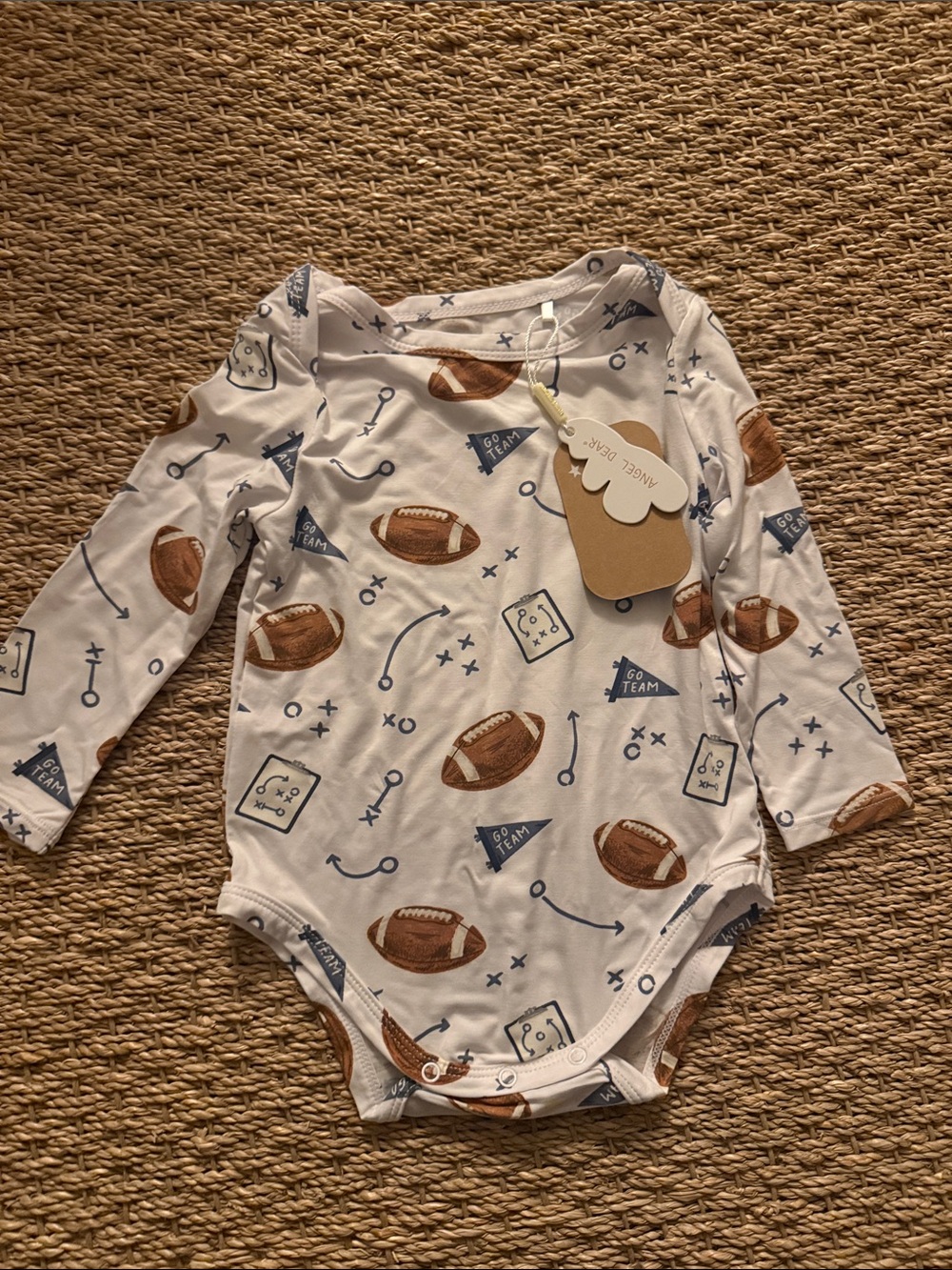 Angel Dear White Long-Sleeve Football Print Bodysuit with Brown & Blue Accents